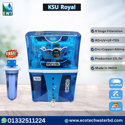 KSU Royal 8 Stage RO Water Purifier with RO UV UF TDS Controller, Zinc Copper Alkaline Technology, 15 LPH Water Production, Free Pre Filter Bangladesh